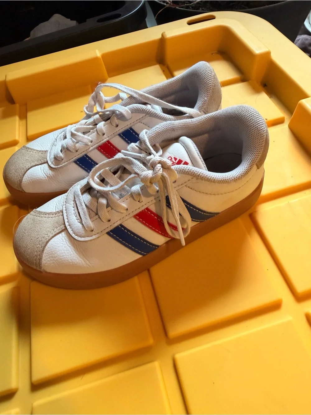 adidas Kids White Sneakers with Blue & Red Stripes